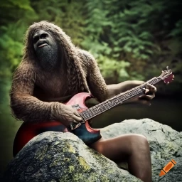 craiyon_151916_Bigfoot_playing_guitar_on_a_rock_by_a_pretty_river.png